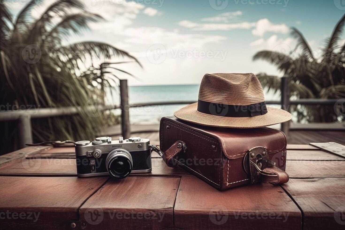 vintage mala, hipster chapéu, foto Câmera verão feriado e cruzeiro viajando conceito. ilustração generativo ai