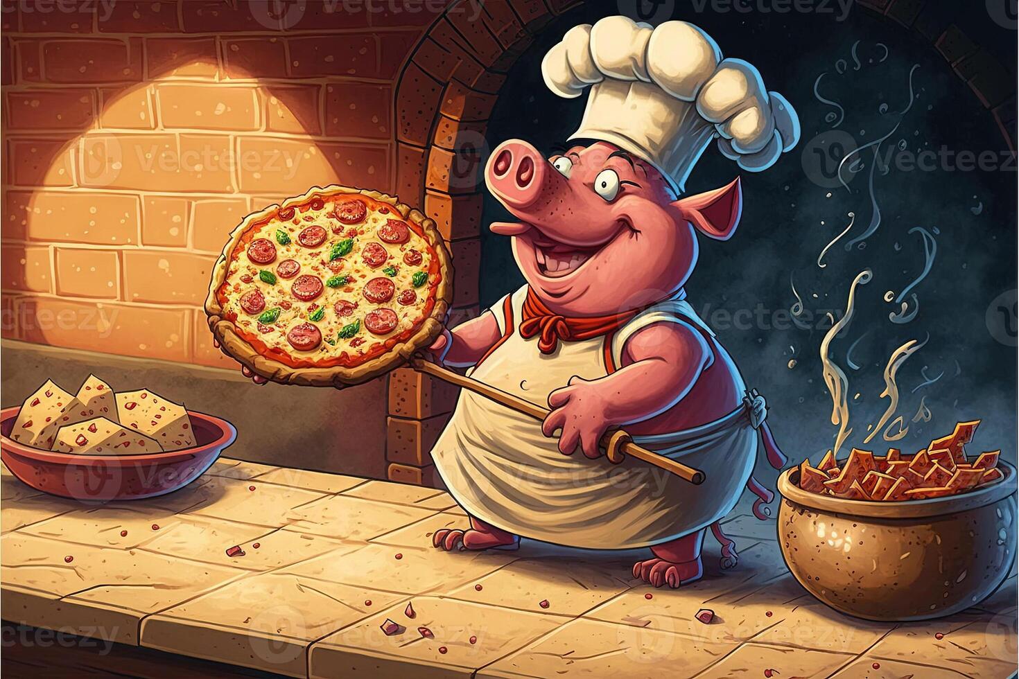 porco cozinhando pizza ilustração generativo ai foto