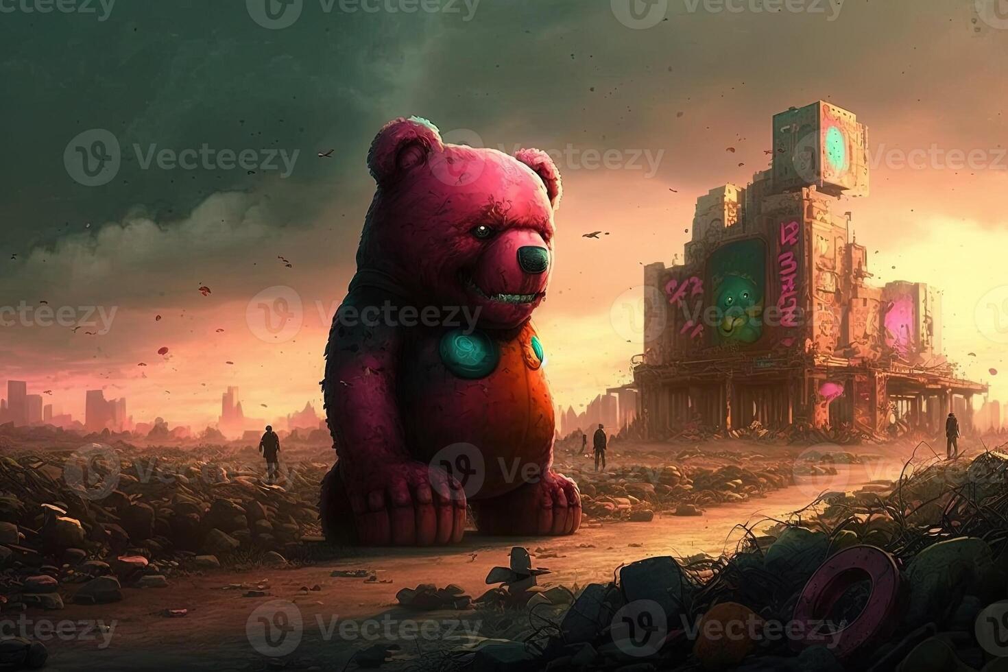 Pós-apocalíptico mundo Onde a sobras do sociedade estão ser invadir de gigante, animado gomoso ursos ilustração generativo ai foto