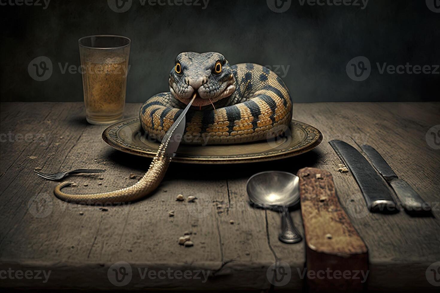 serpente dentro uma prato em a mesa ilustração generativo ai foto