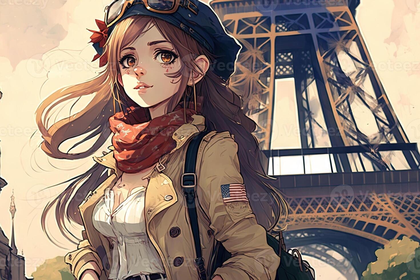 lindo animê mangá menina dentro Paris ilustração generativo ai foto