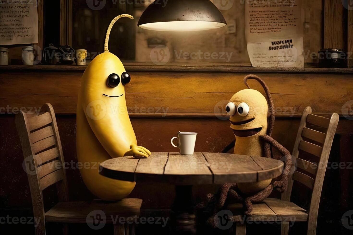 banana e linguiça tendo conversação dentro uma restaurante ilustração generativo ai foto