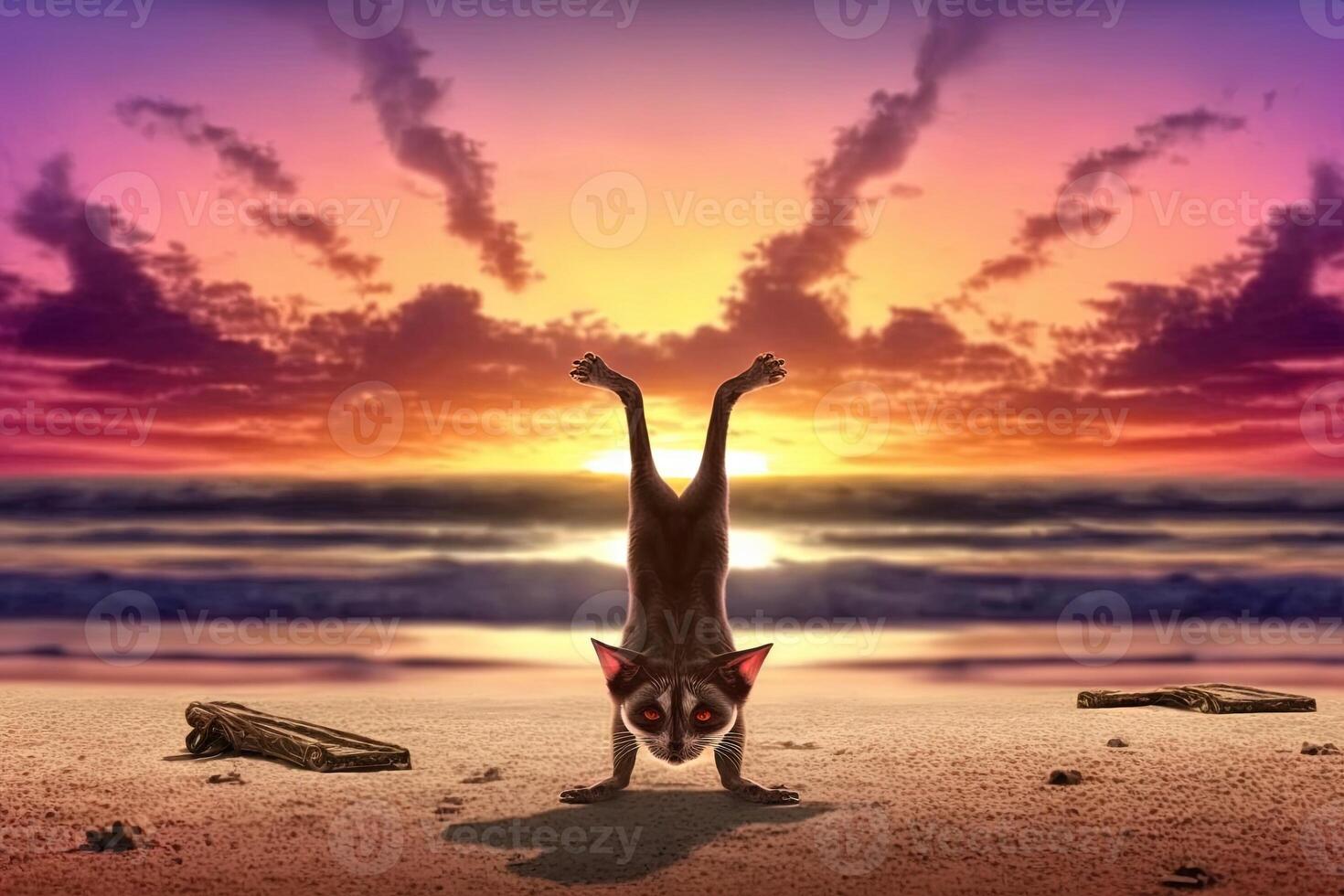 gato praticando ioga em a de praia às pôr do sol ilustração generativo ai foto