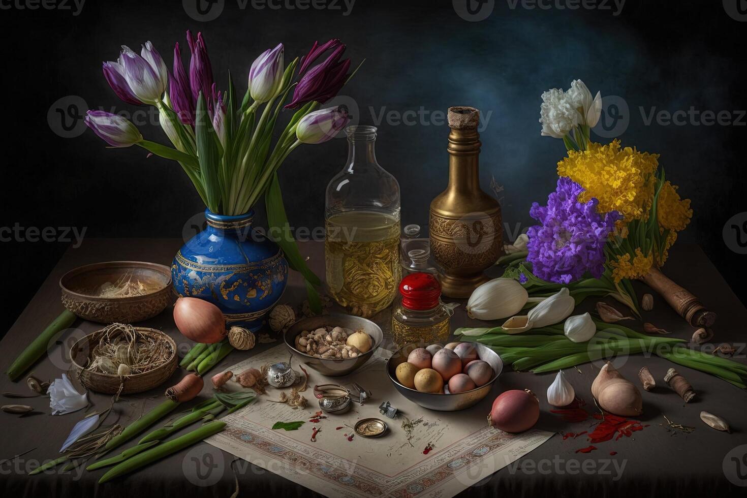 de mesa com cabo elementos para nowruz sonbol jacinto, sabzeh grama, seeb maçã, somaq sumagre pó, vidente alho ilustração generativo ai foto