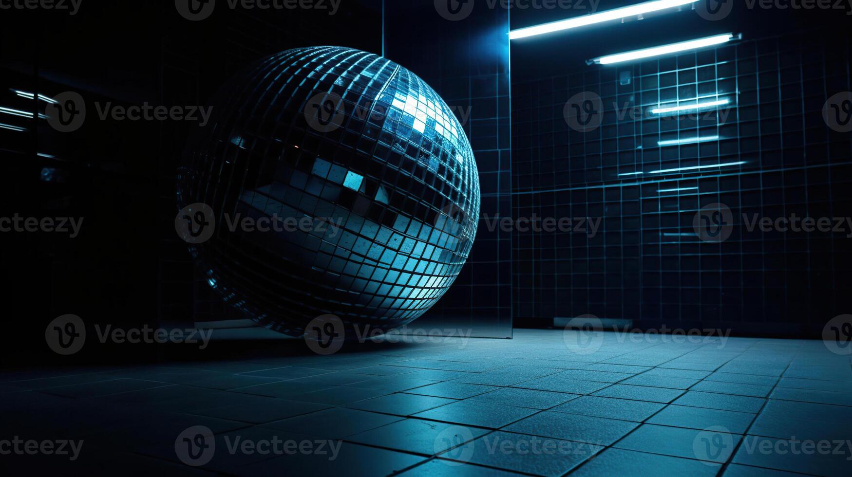 ampla discoteca bola refletindo azul luz dentro uma Sombrio corredor para discotecas. discoteca símbolo. ai generativo foto
