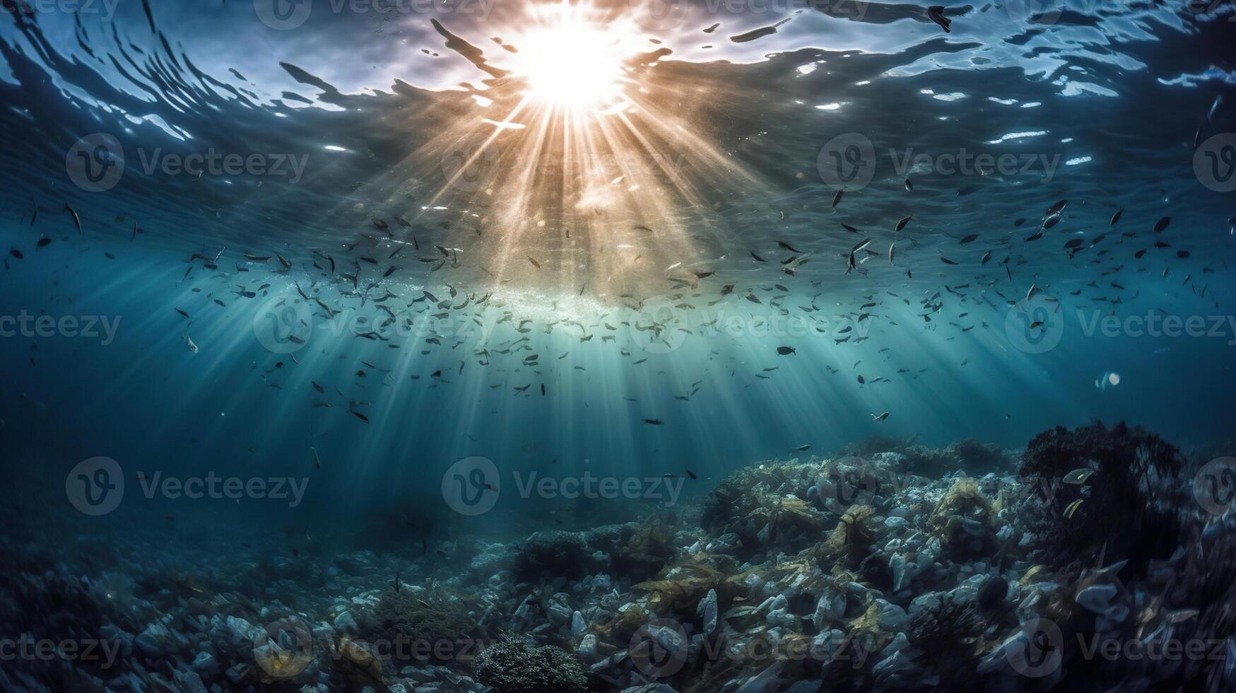 garrafa plástico poluição dentro oceano - embaixo da agua brilho com lixo flutuando, ai generativo foto