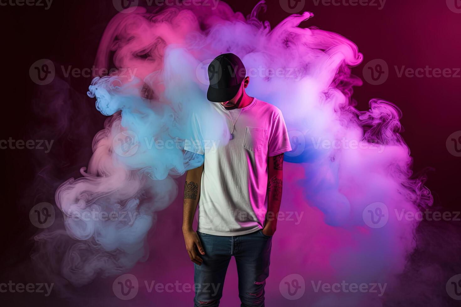 uma homem em pé dentro frente do uma nuvem do fumaça com néon luzes. ai gerado foto