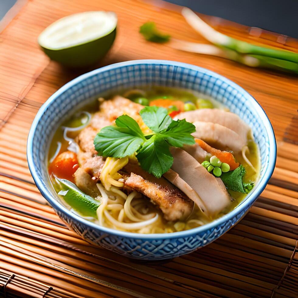 frango sopa servido em uma de madeira mesa. gerado ai. foto