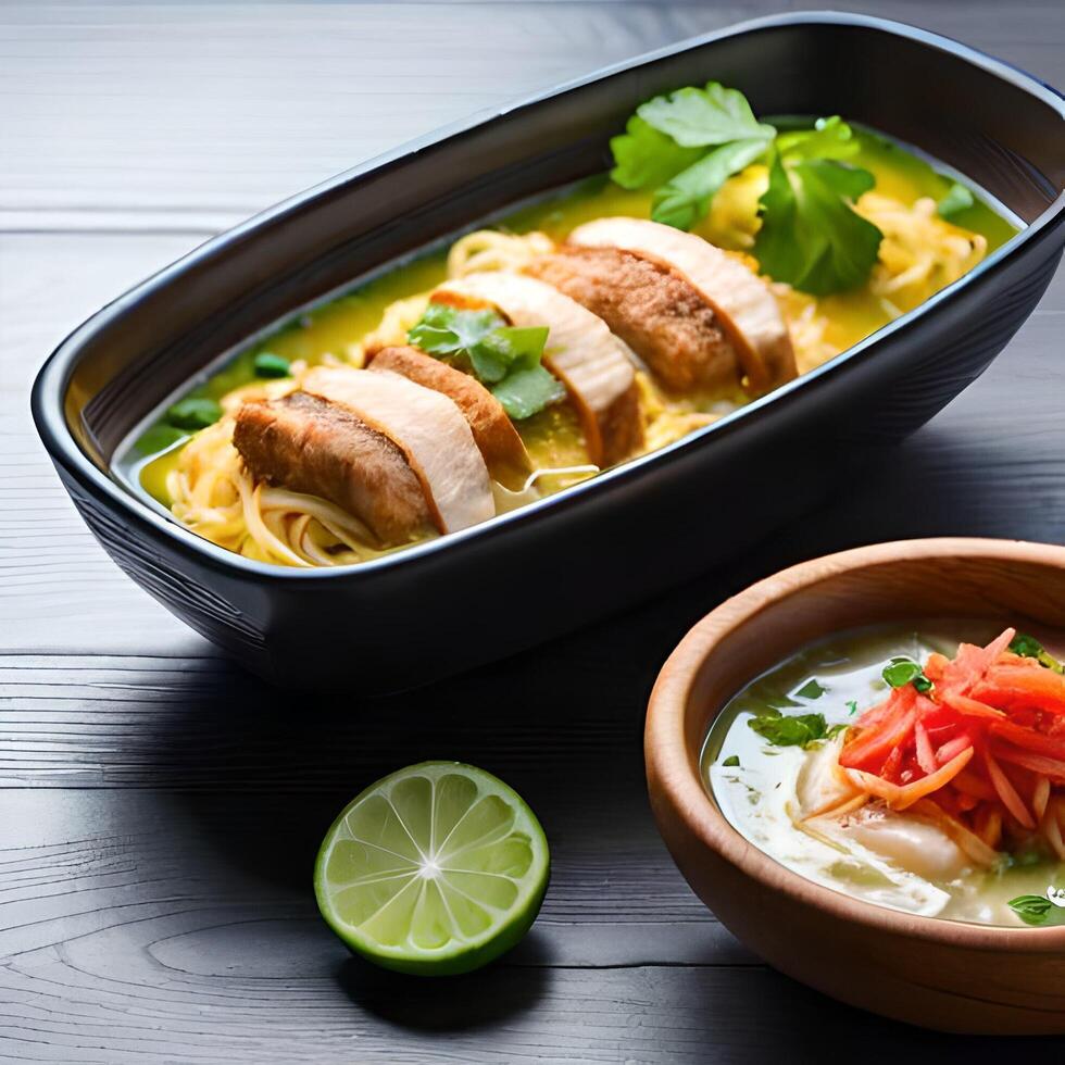 frango sopa servido em uma de madeira mesa. gerado ai. foto