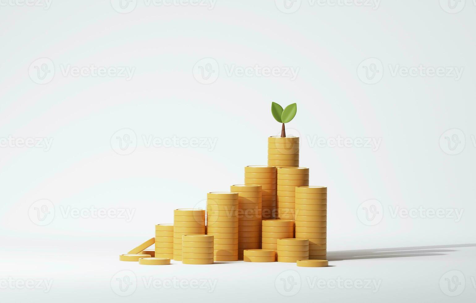 o negócio crescimento, finança e lucro. árvore em uma pilha do desenvolvido moedas crescendo em branco fundo. 3d renderização,3d ilustração foto