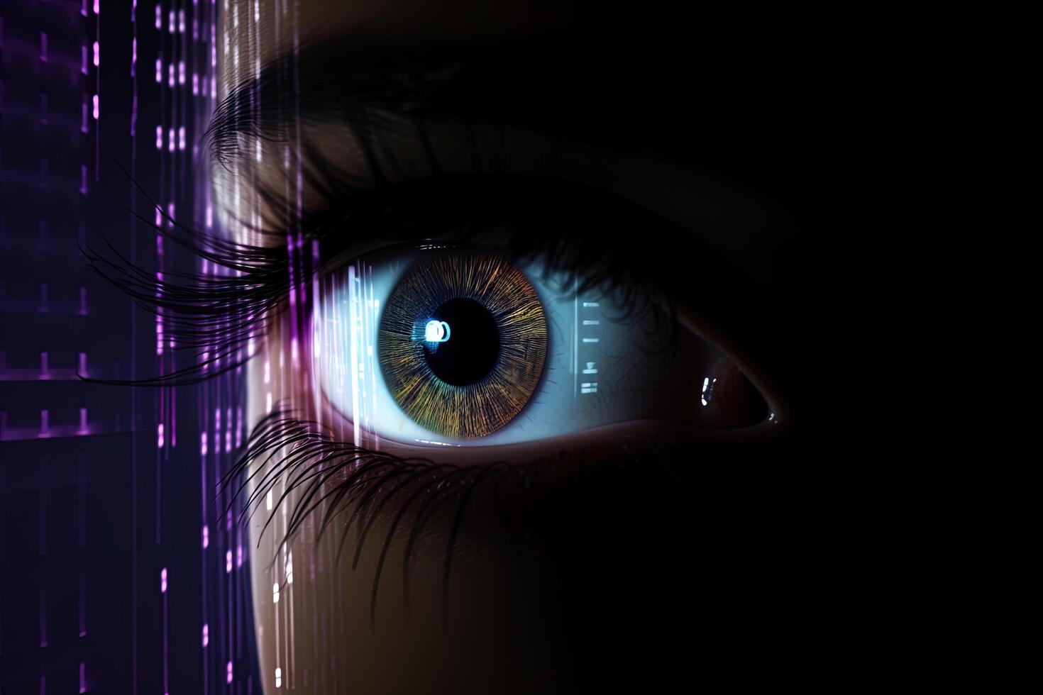 macro olho com Alto tecnologia para futurista virtual realidade. conceito do biométrico e retinal digitalização e pessoal dados segurança. ai gerado foto