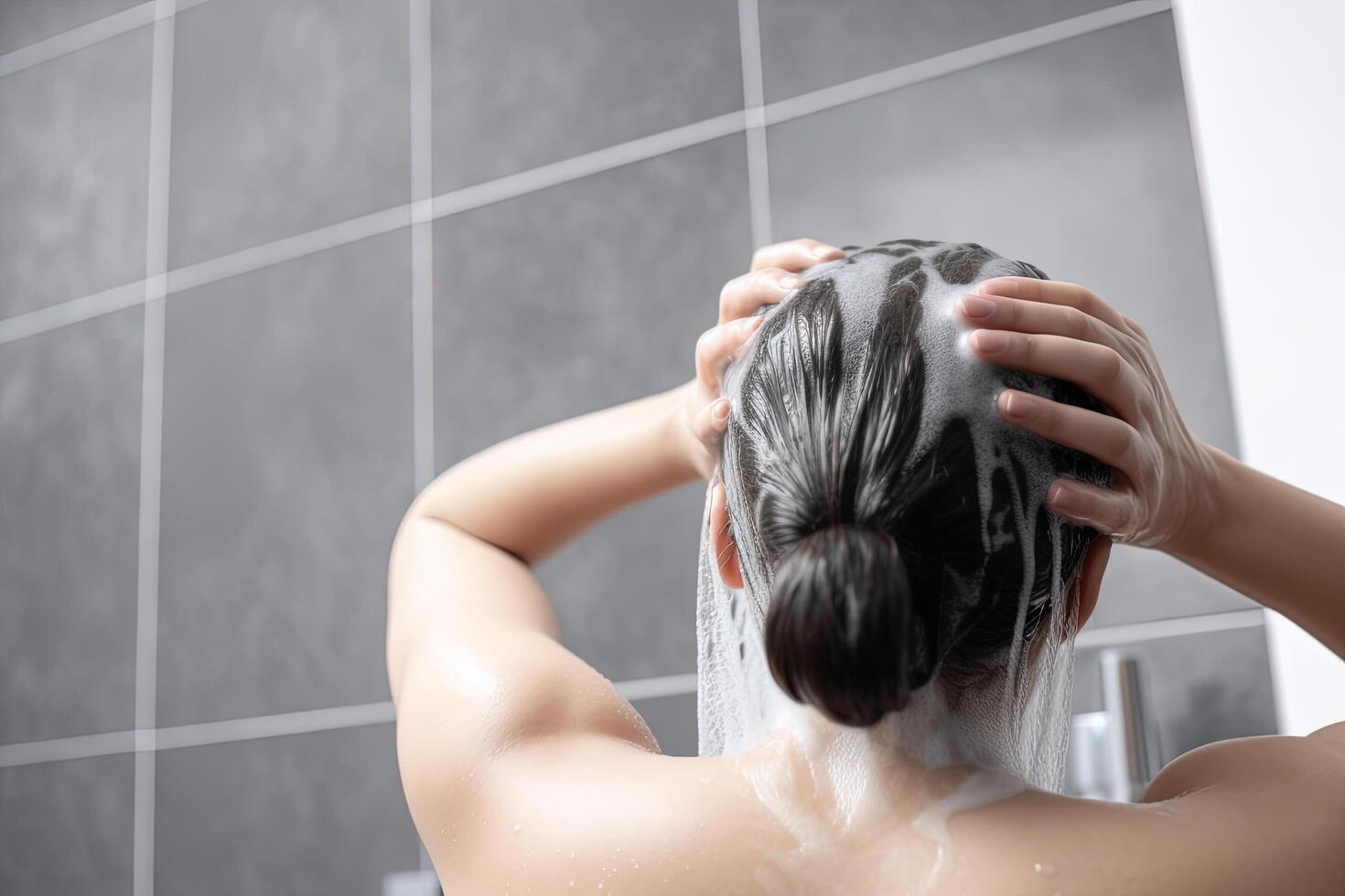 mulher lavando cabelo com xampu e chuveiro dentro a banheiro. ai gerado foto