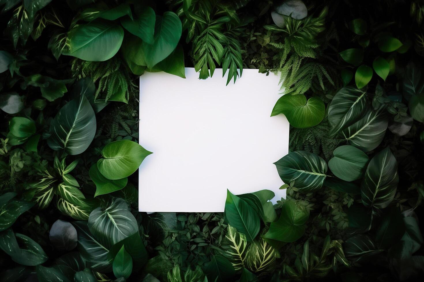 branco papel cartão em deitar verde folhas textura topo Visão fundo. criativo disposição dentro natureza conceito. ai gerado foto