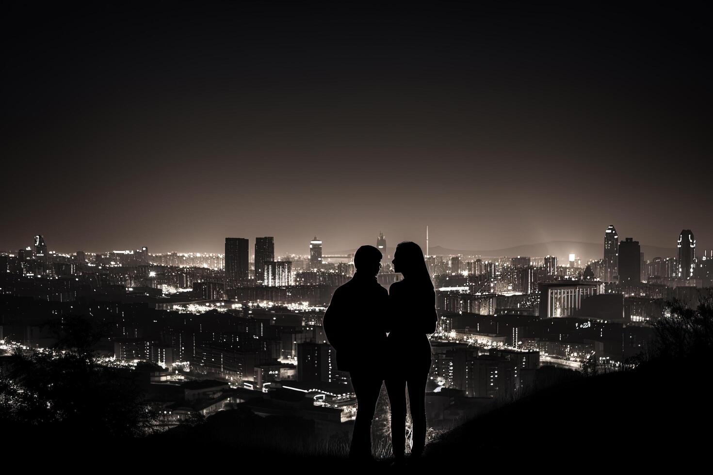 silhueta do uma romântico jovem casal desfrutando a cidade nightscape. ai gerado foto