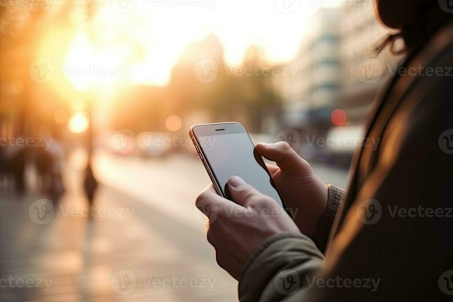 homem segurando uma inteligente telefone com borrado fundo foto