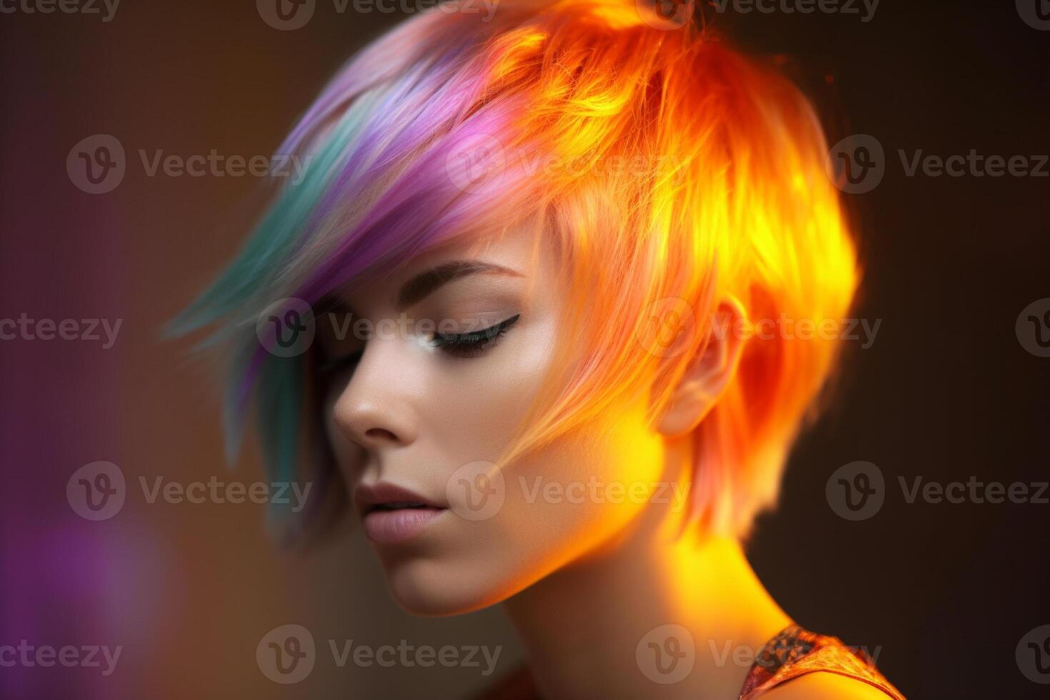 jovem mulher com curto cor arco Iris cabelo dentro tolet e laranja cor com generativo ai foto