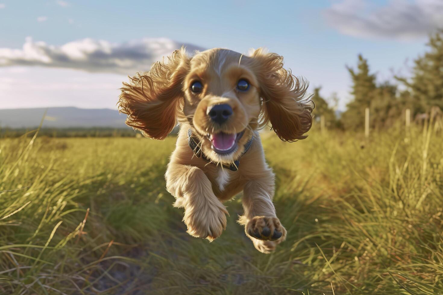 uma Cocker spaniel corrida através uma campo. generativo ai. foto