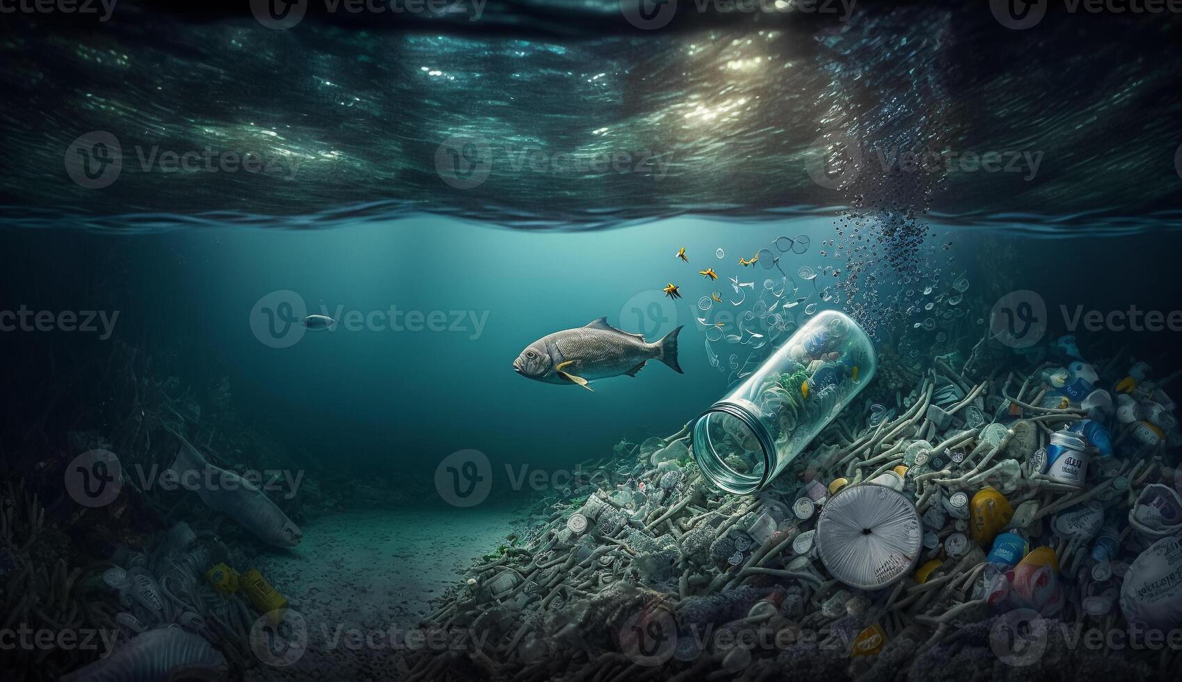 uma peixe nada debaixo uma Claro garrafa dentro a oceano. ai gerado foto