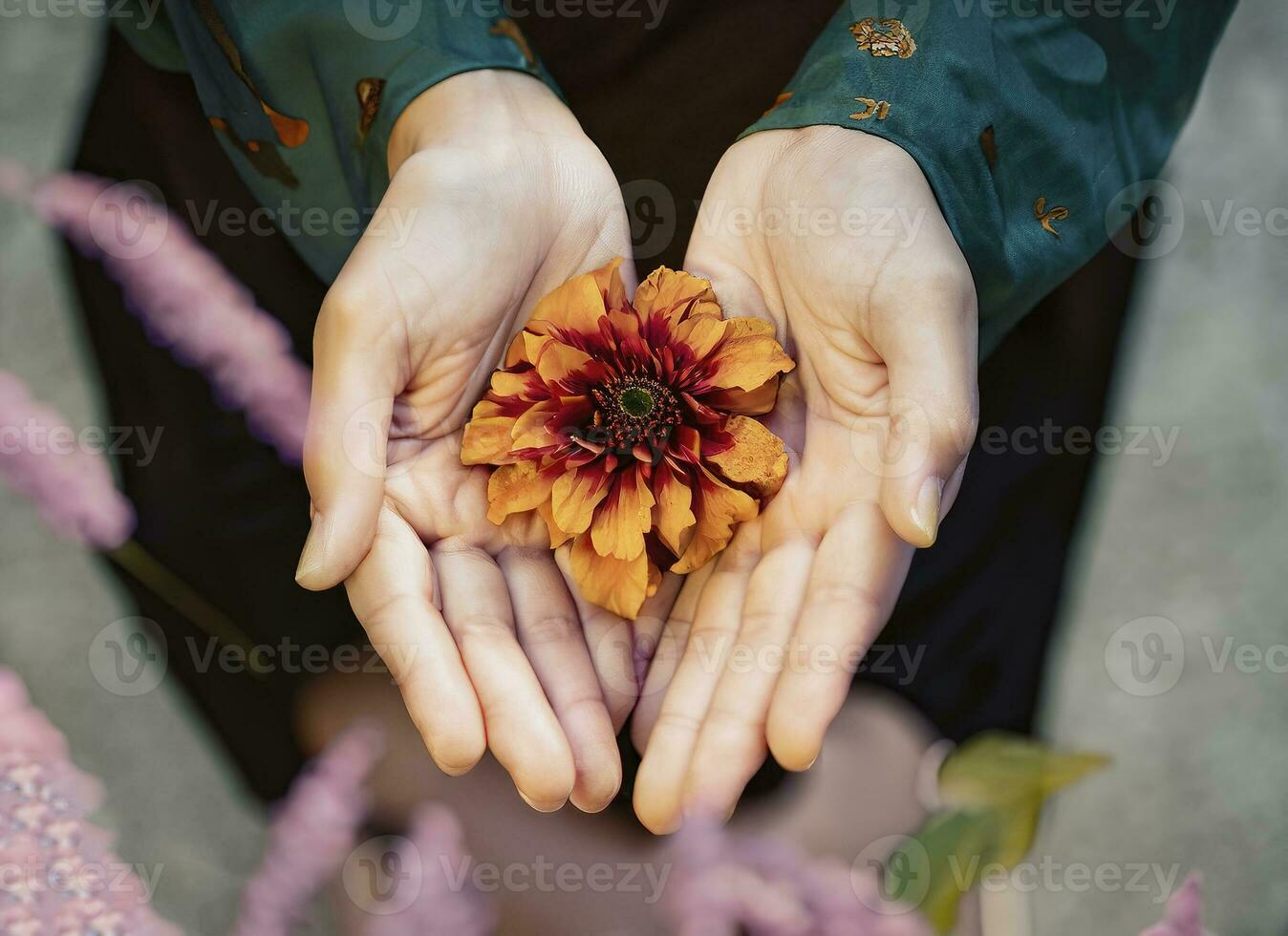 laranja Flor dentro uma mulher mãos. foto