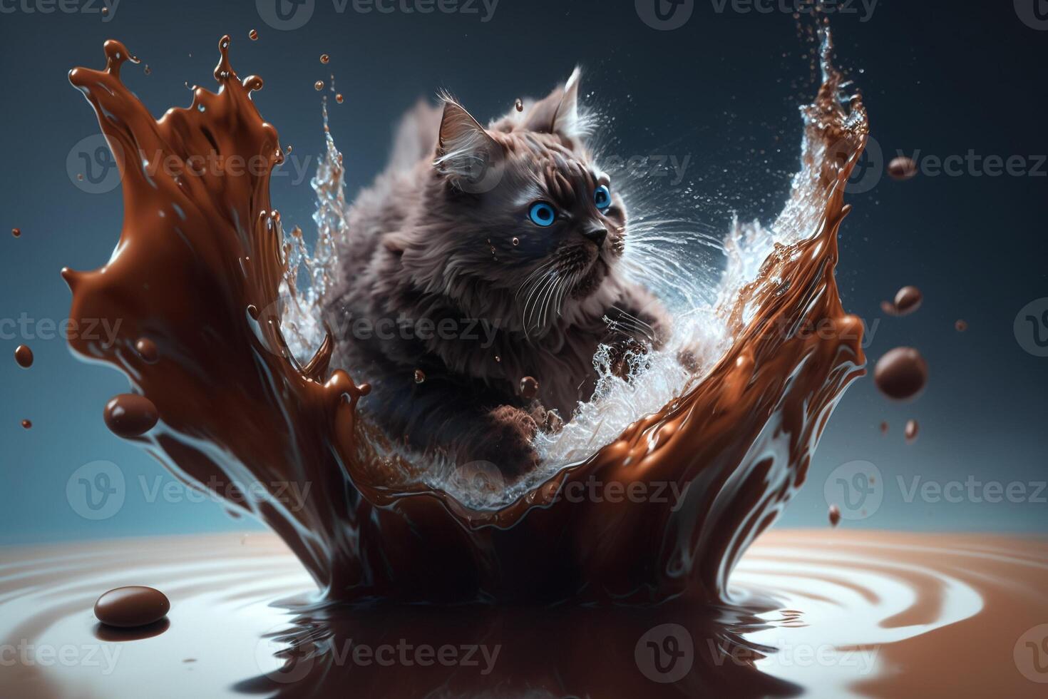 uma gato é cercado de leite e chocolate. ai gerado foto