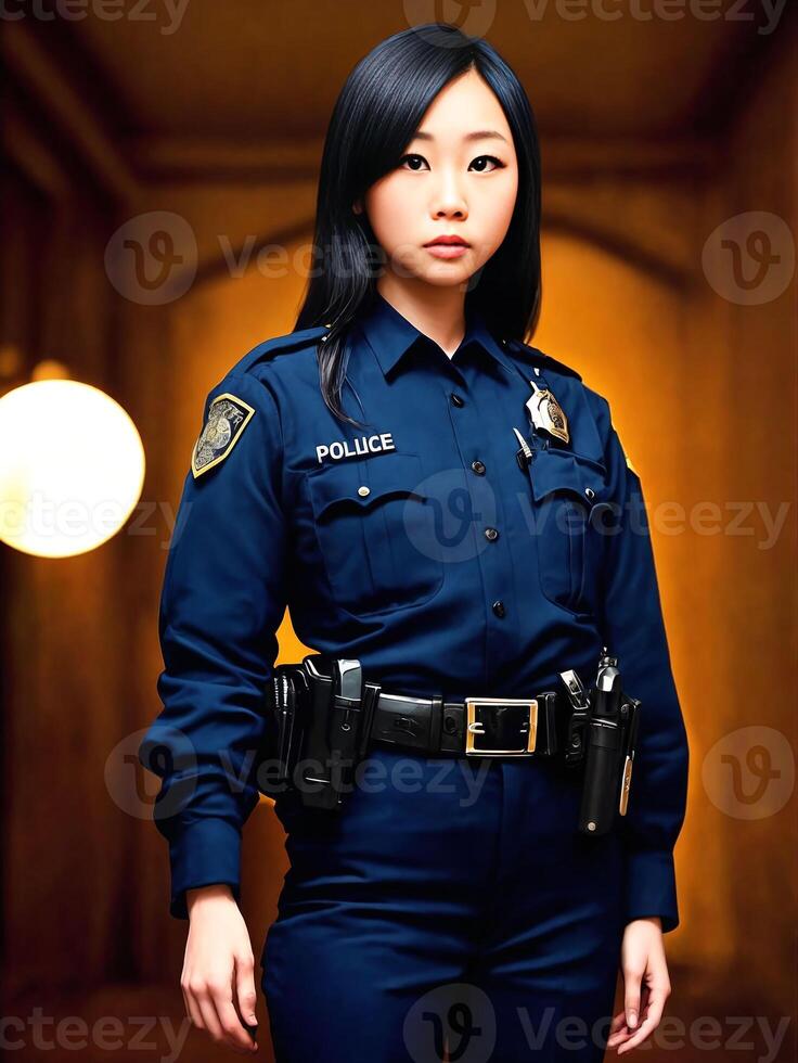 retrato do lindo ásia mulher vestindo polícia roupa, generativo ai foto