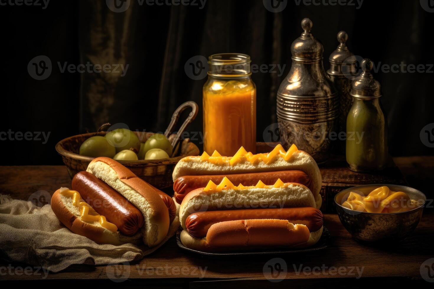 uma bandeja com cachorros quentes em uma de madeira superfície. generativo ai foto