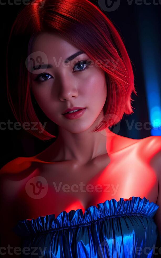 lindo ásia mulher com misturado cor azul e vermelho luz, generativo ai foto