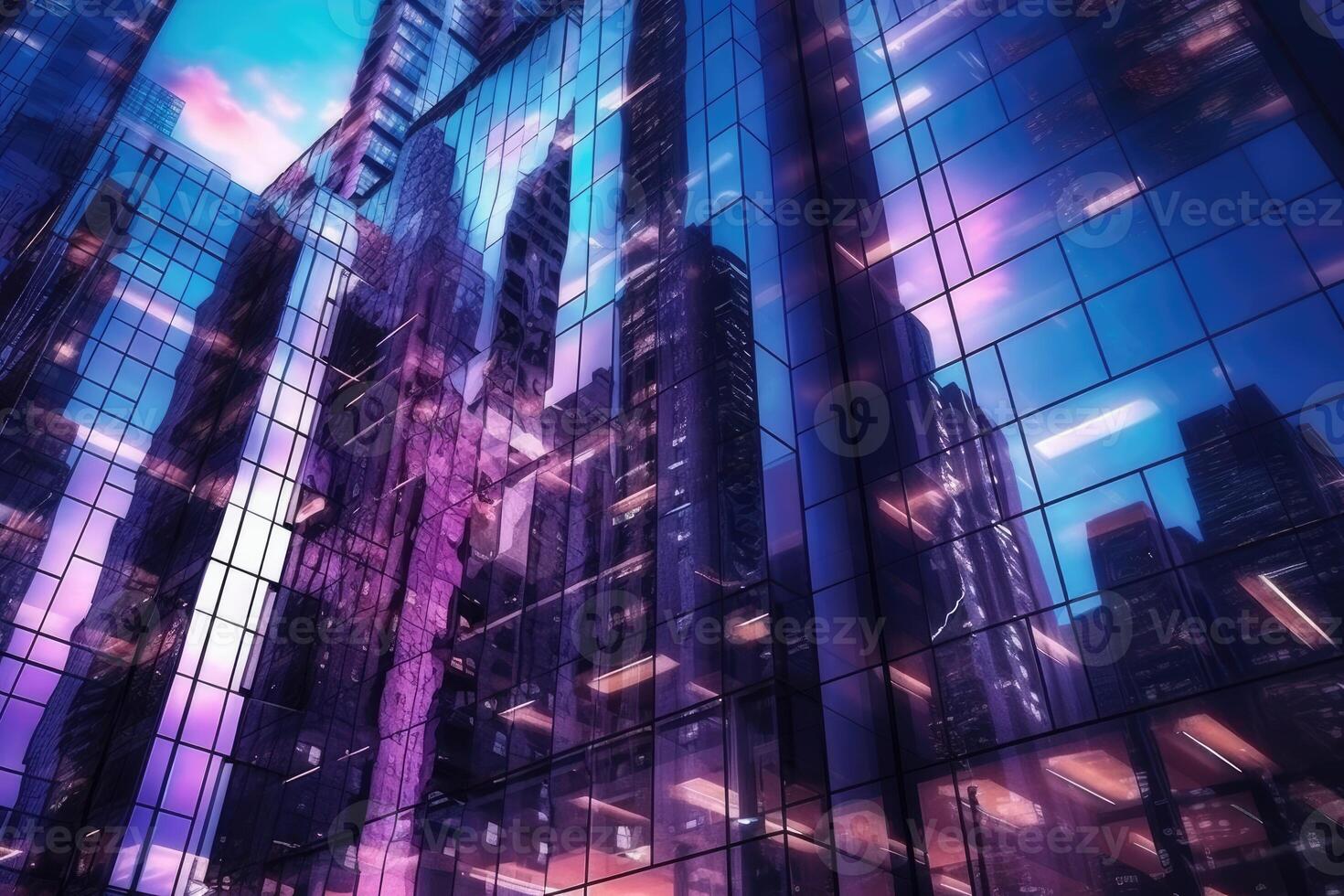 escritório edifícios dentro financeiro distrito com noite luzes e céu refletido em moderno vidro paredes do arranha-céus. generativo ai foto
