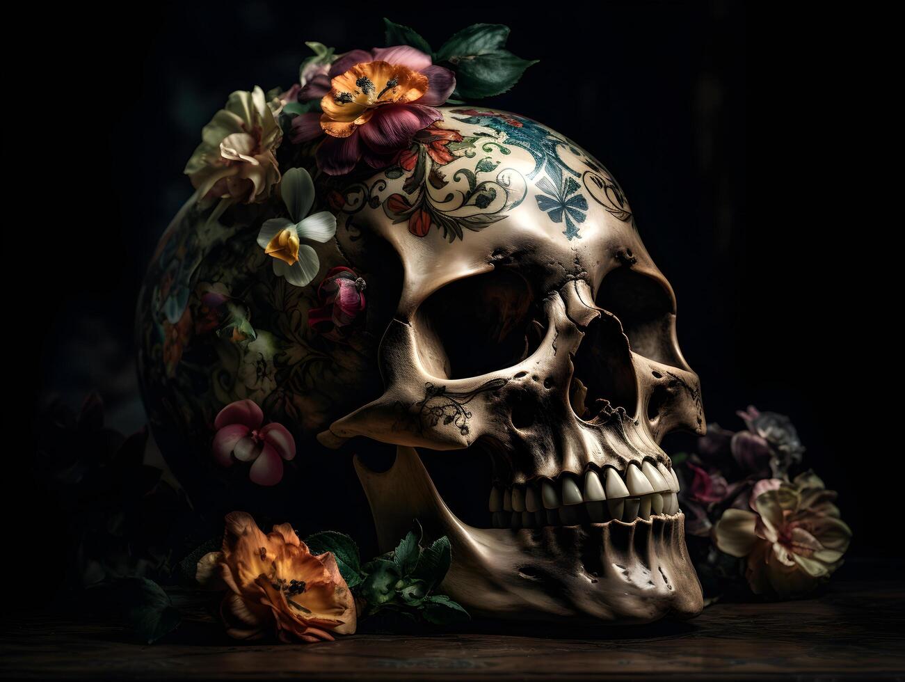 humano crânio para feliz dia das Bruxas sorridente crânio floral Projeto em crânio foto