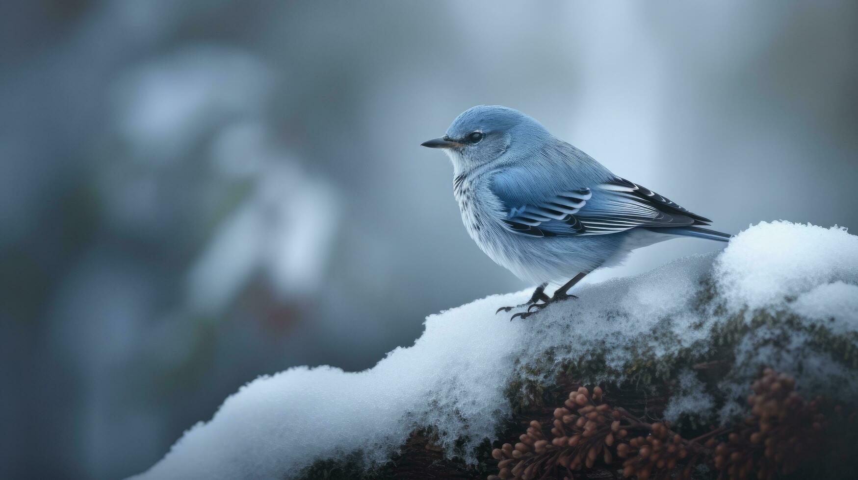 uma fechar-se tiro do uma pássaro sentado em uma neve coberto ramo foto