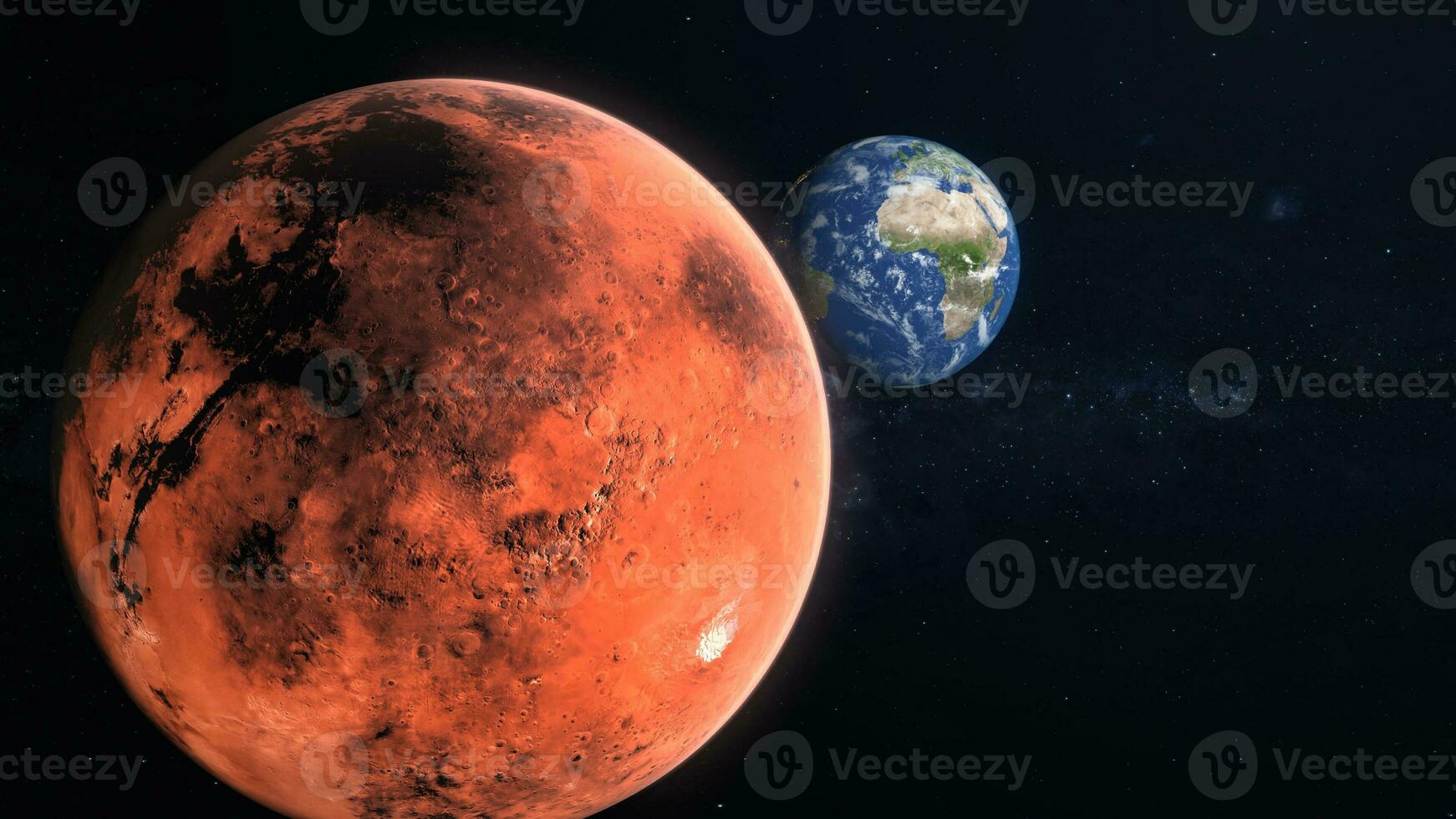 3d render fechar acima Marte vermelho planeta e mostrar acima terra mundo planeta em galáxia espaço 3d ilustração foto