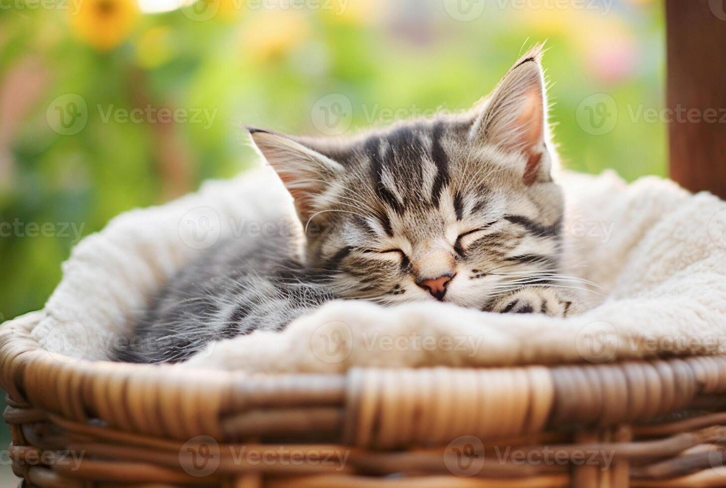 ai generativo. fofa malhado gatinho dormindo dentro uma cesta foto
