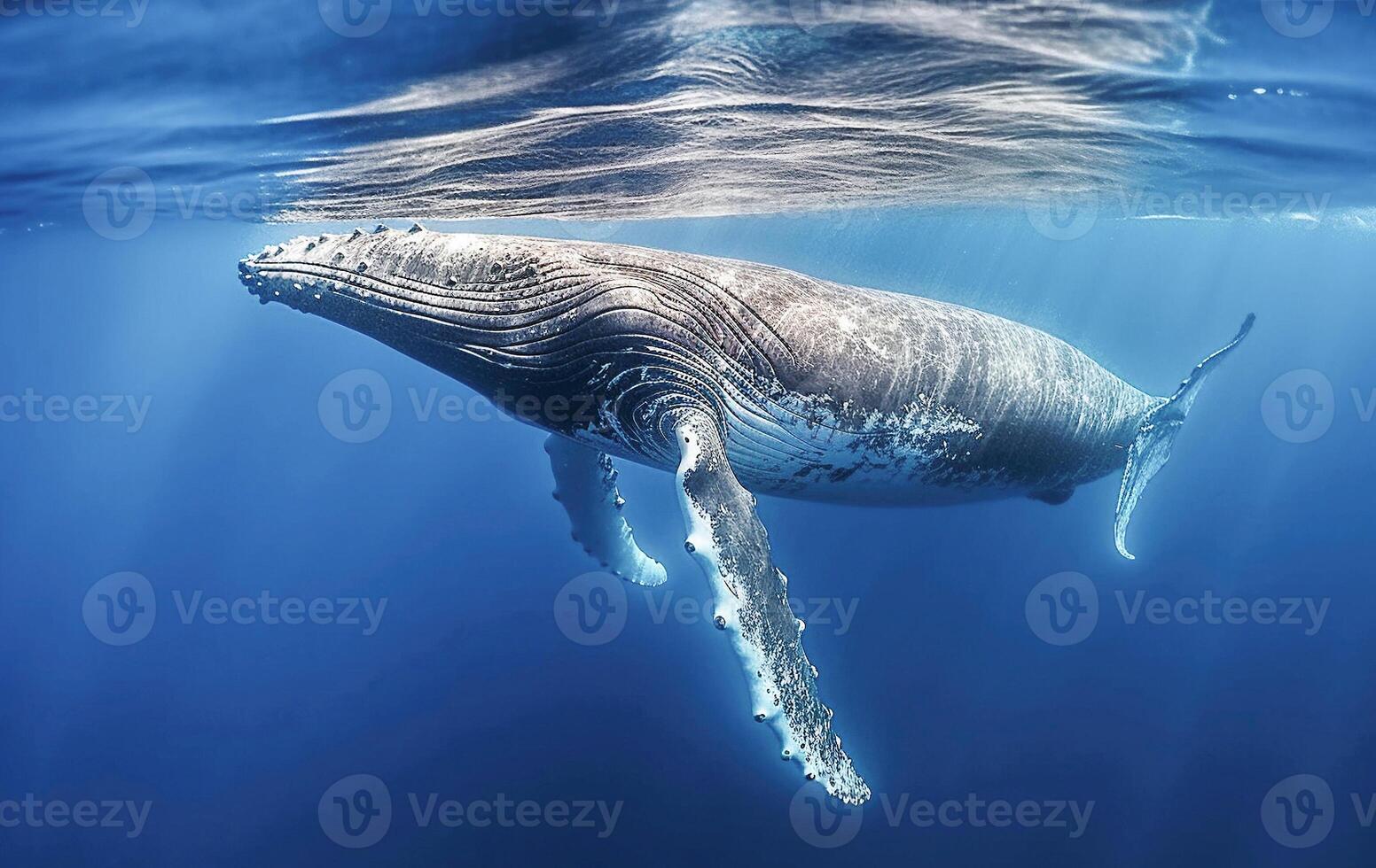 ai generativo. baleia tocam dentro azul água foto