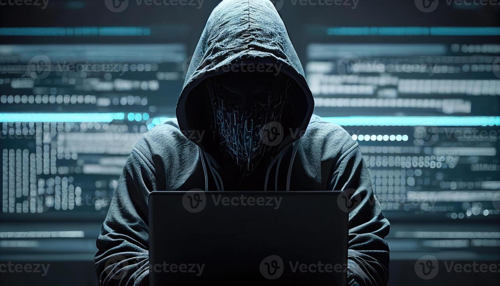 cibercrime conceito. hacker dentro uma Sombrio mascarar. foto