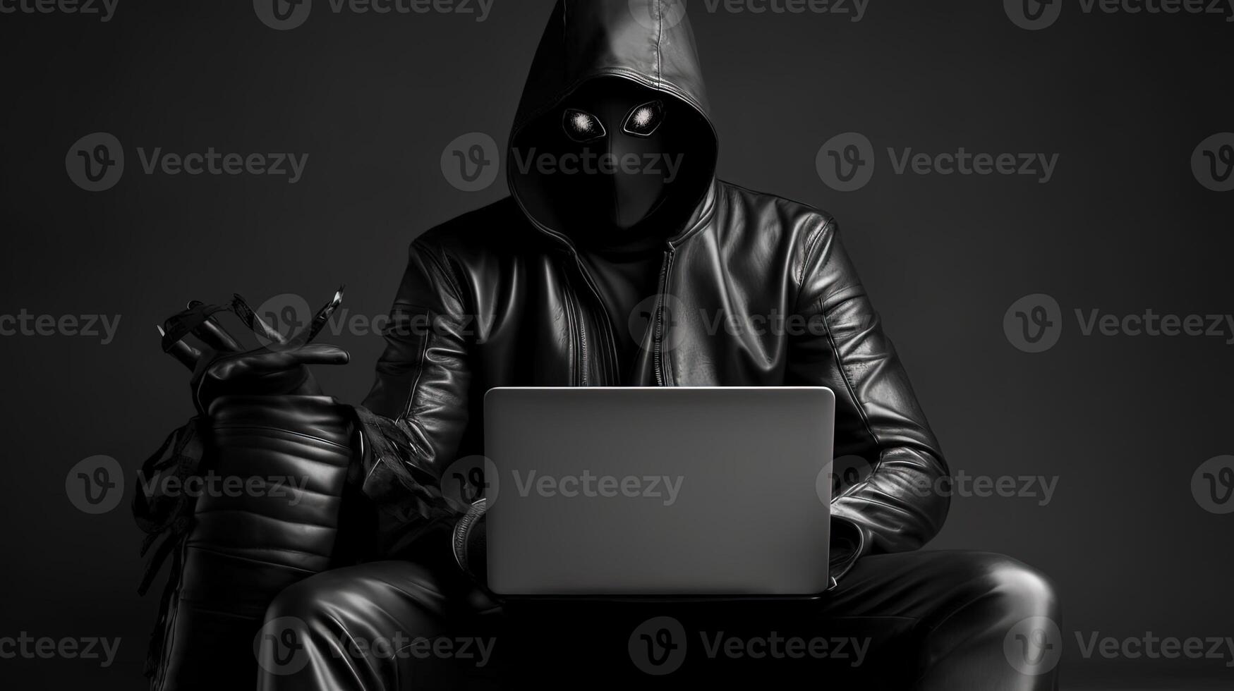 retrato do vítima homem vestindo Preto mascarar com Preto couro Jaqueta e trabalhando em computador portátil e perto uma bolsa. generativo ai. foto