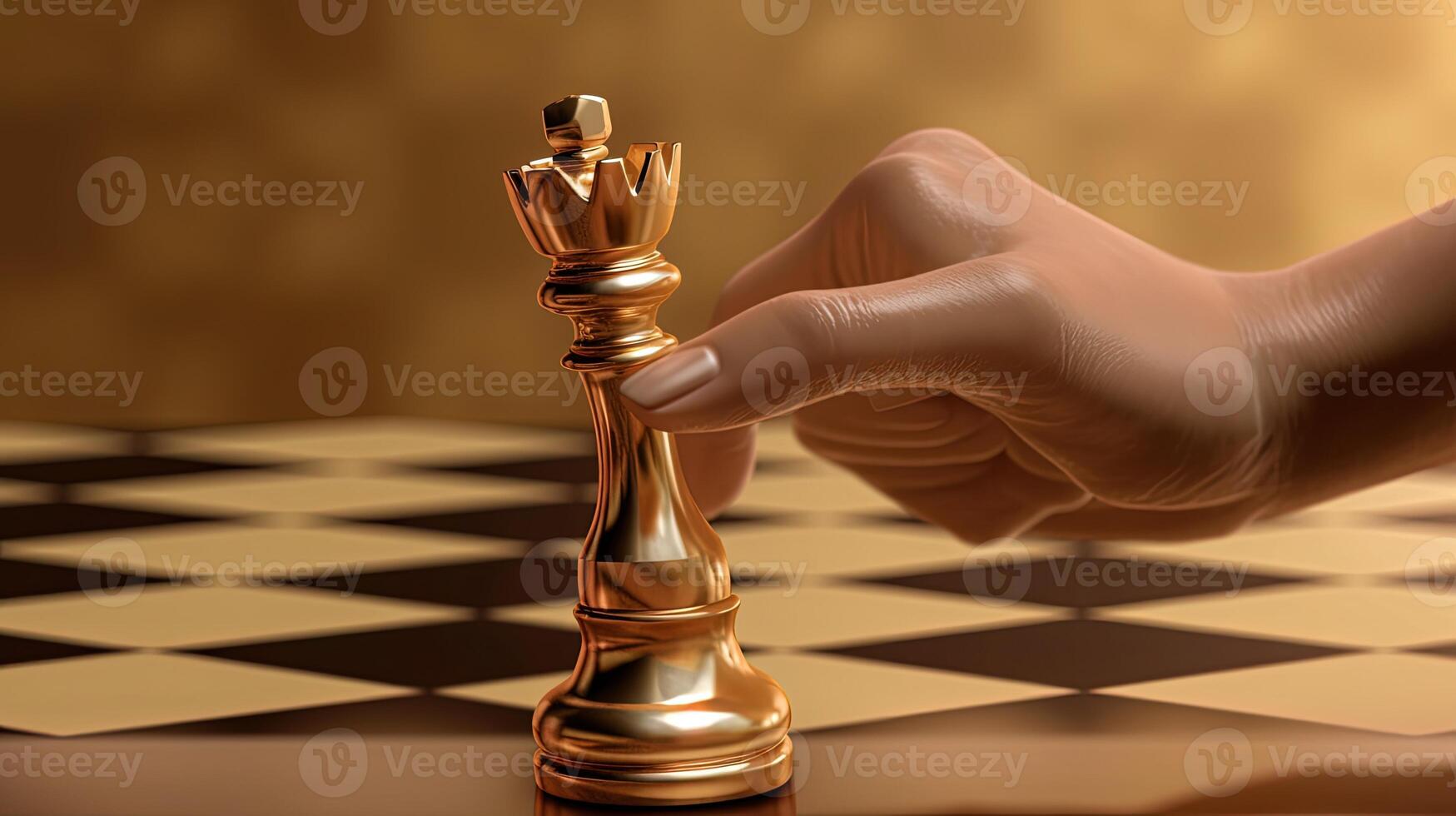 fechar-se fotografia do humano mão segurando uma dourado rainha xadrez peça em tabuleiro de xadrez. estratégia, gestão ou Liderança conceito. generativo ai tecnologia. foto