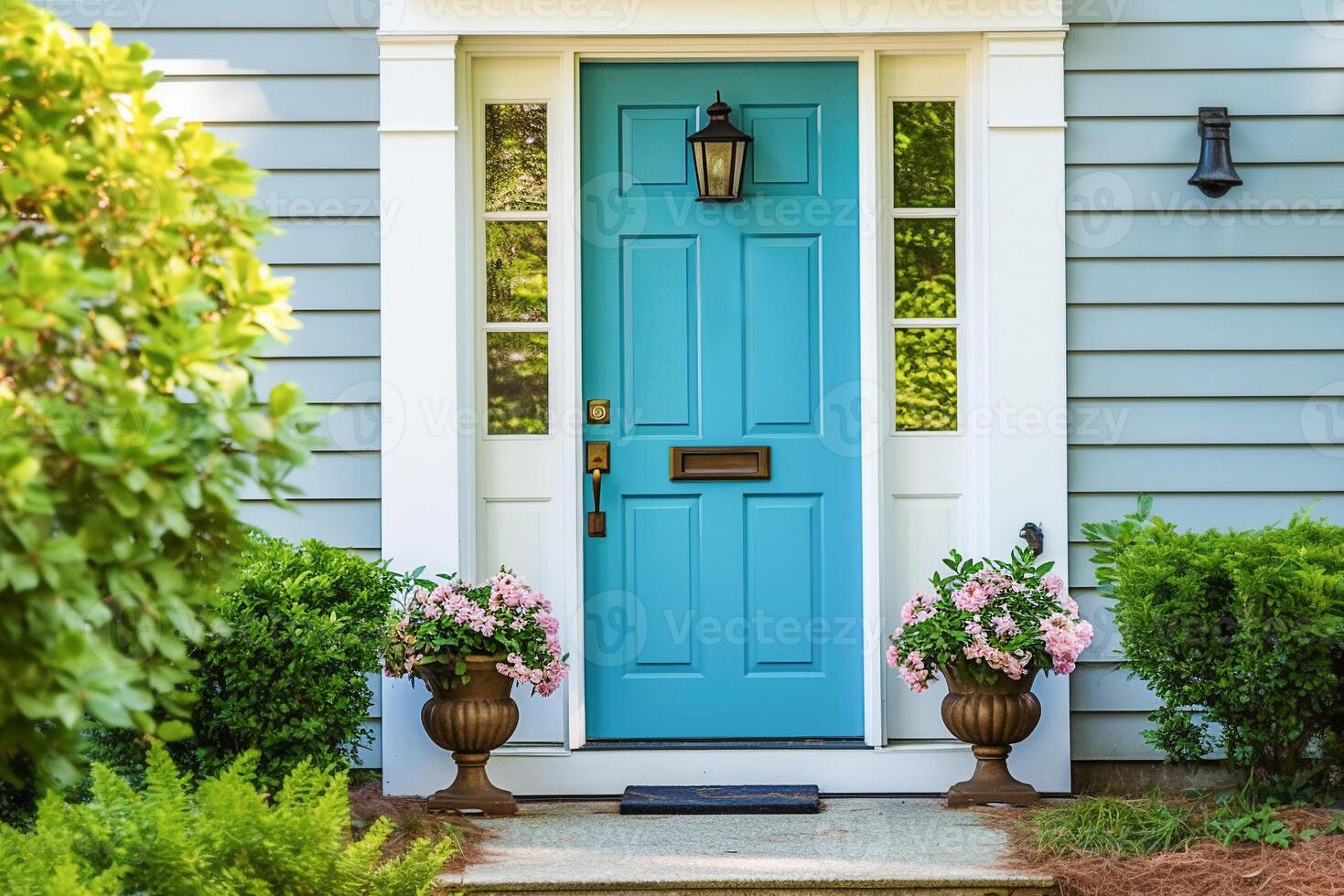 ai generativo. uma frente Entrada do uma casa com uma azul porta foto