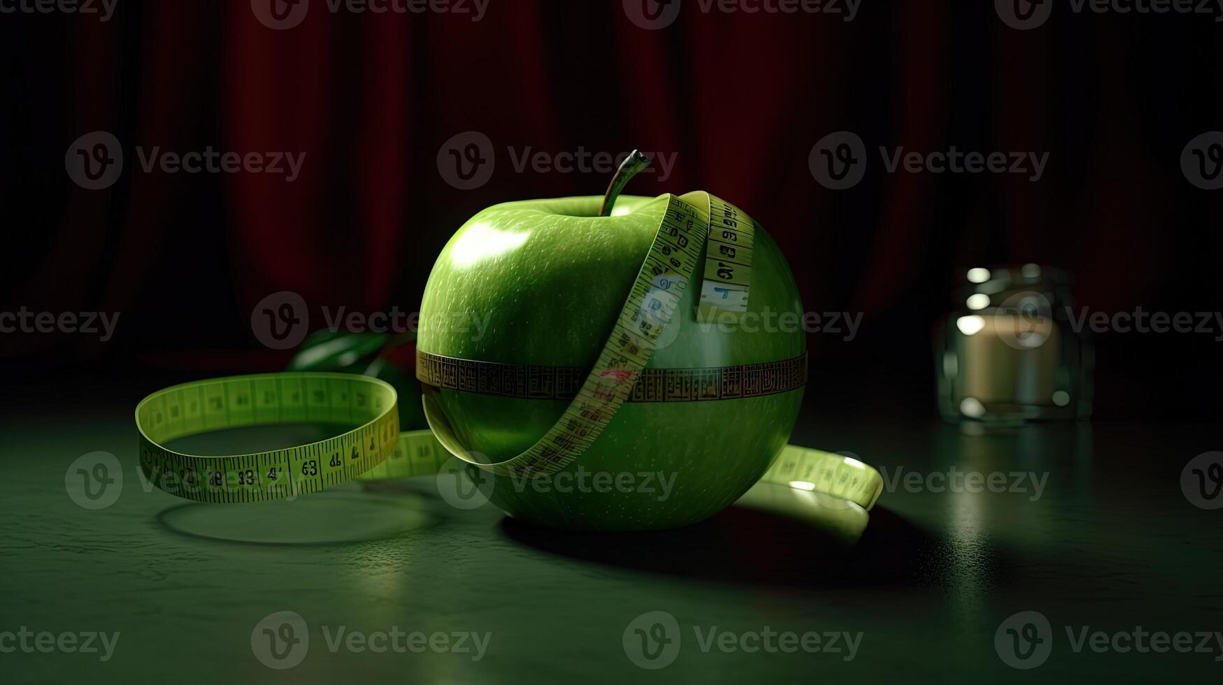 uma verde maçã ao lado Barra do medindo fita e jarra contra vermelho cortinas fundo. generativo ai. foto
