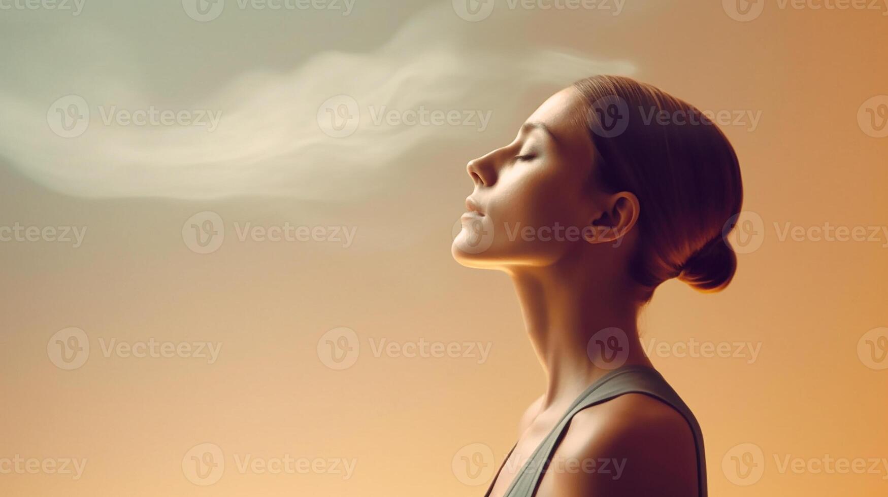 jovem menina respiração dentro ar, retrato dentro perfil. meditação. generativo ai foto