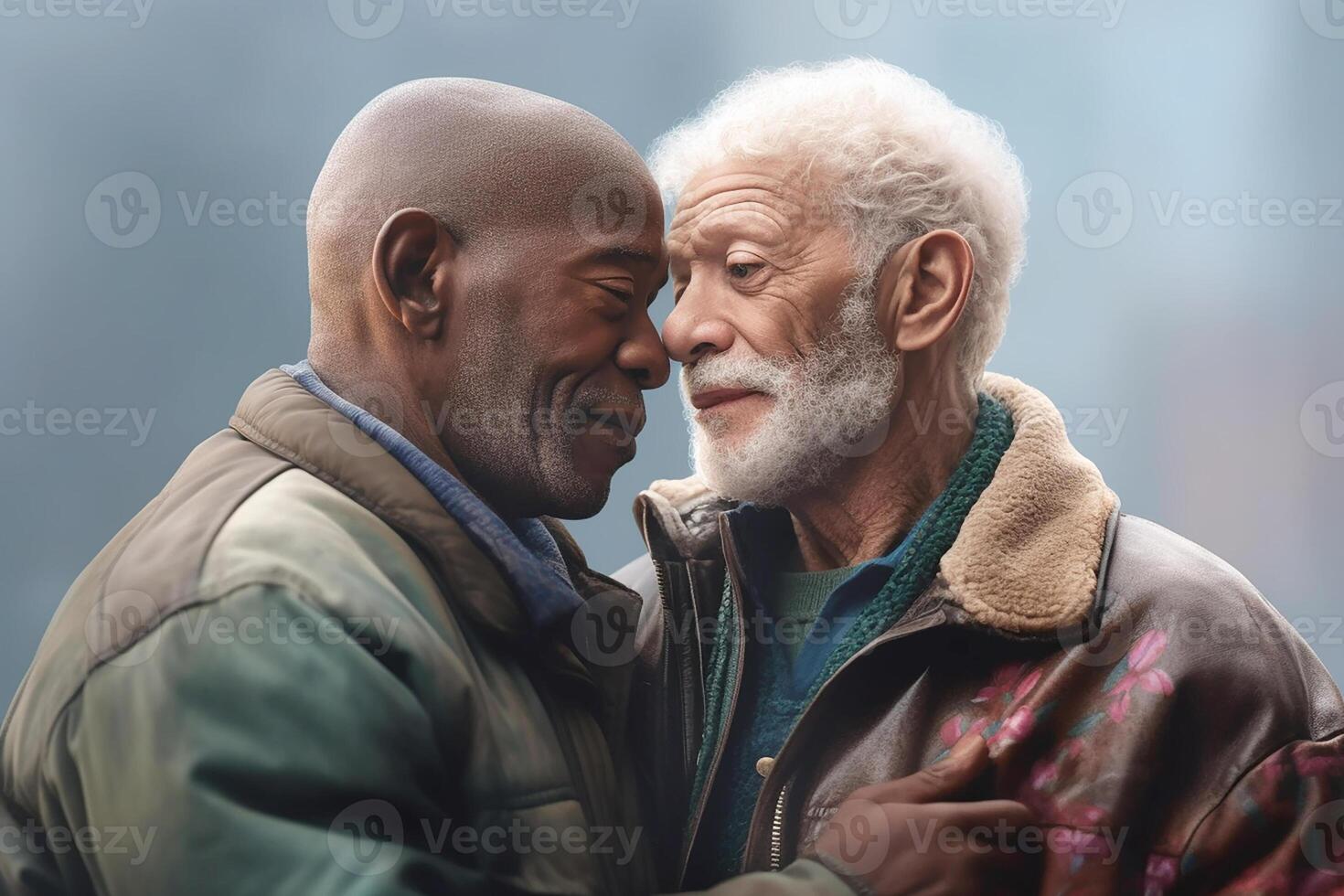 dois feliz Mais velho homens abraçando cada outro, 1 preto, a de outros caucasiano, gay, lgbt. generativo ai foto