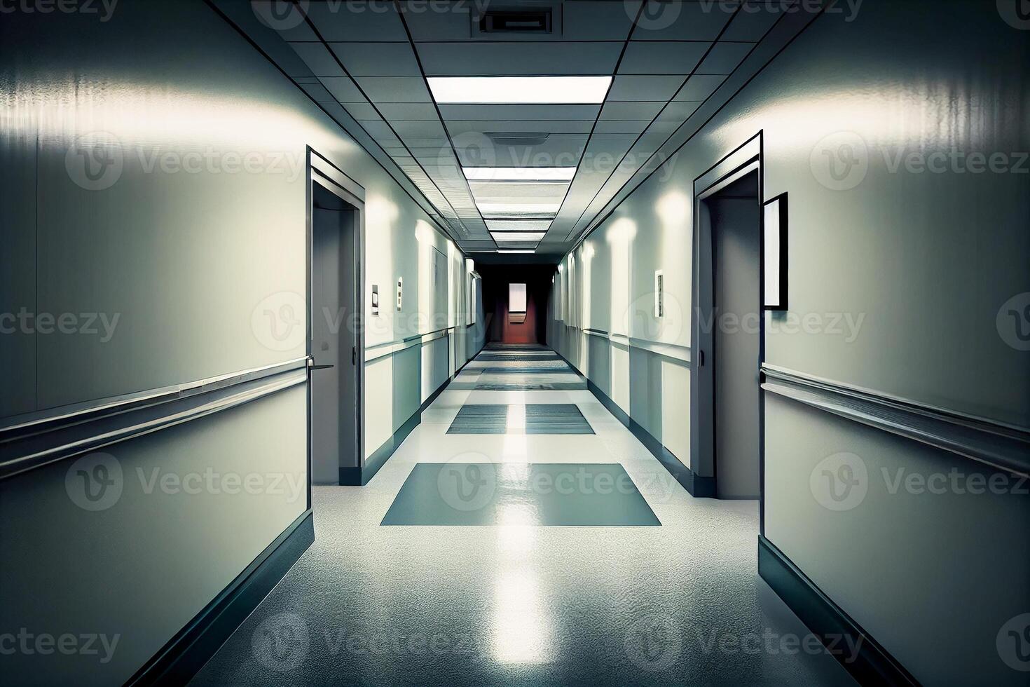 a hospital corredor alongamento para dentro a distância. médico fundo. generativo ai foto