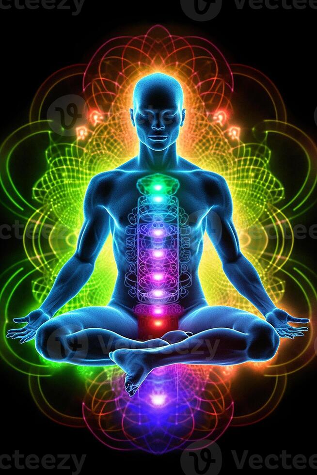 a Sete chakras do ioga meditação. kundalini energia. generativo ai foto