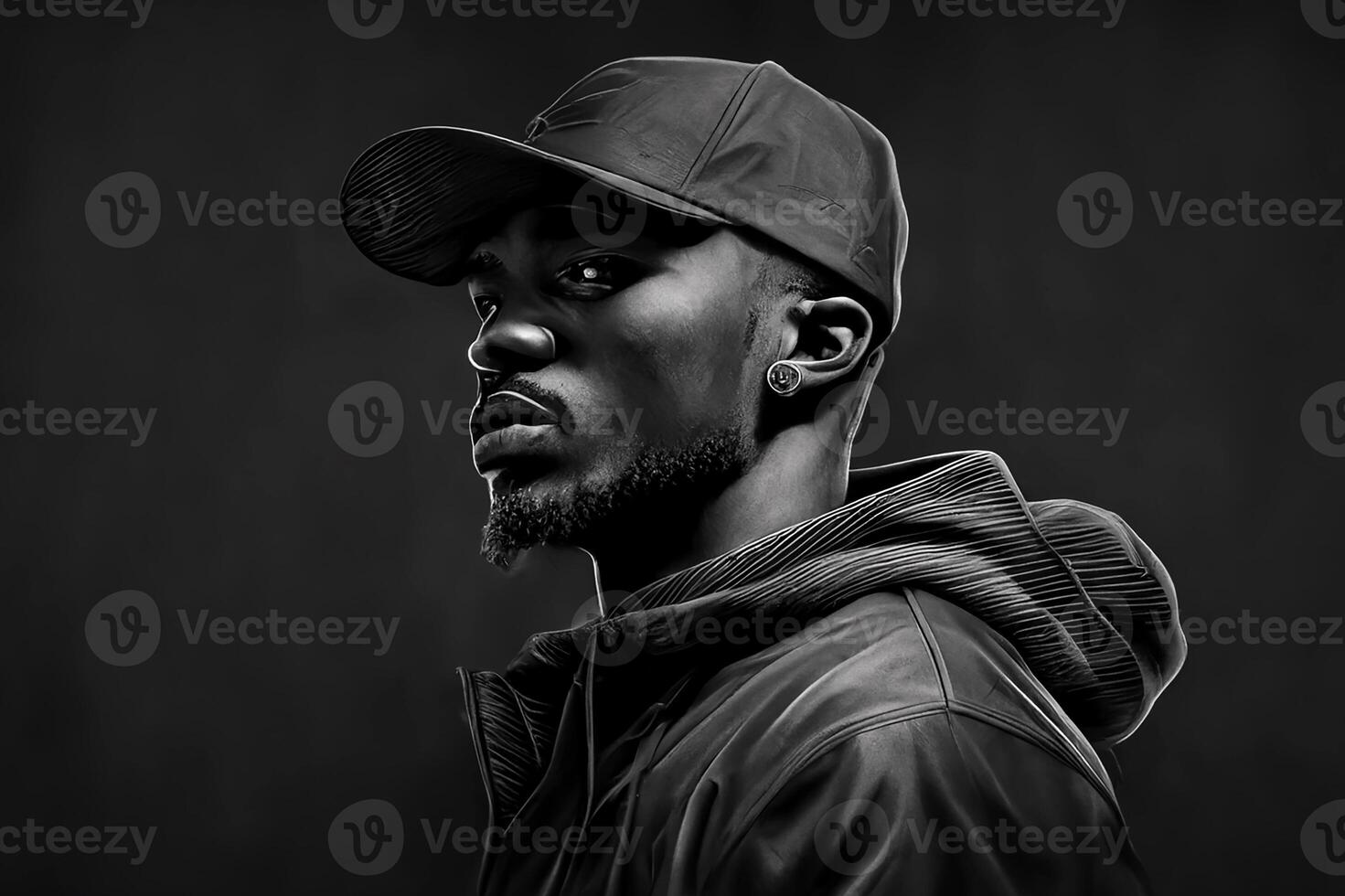 Preto rapper músico. retrato do uma jovem Preto masculino Afro-Americano contra uma Sombrio fundo. generativo ai foto