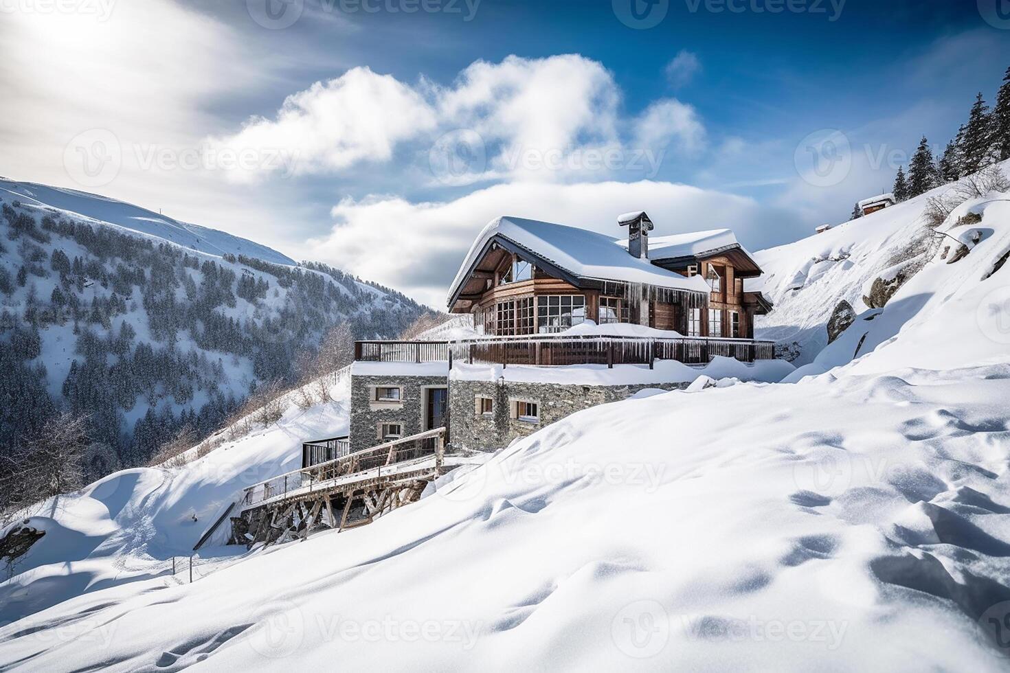 uma montanha luxo hotel, uma esqui hotel contra uma pano de fundo do coberto de neve montanhas. generativo ai foto