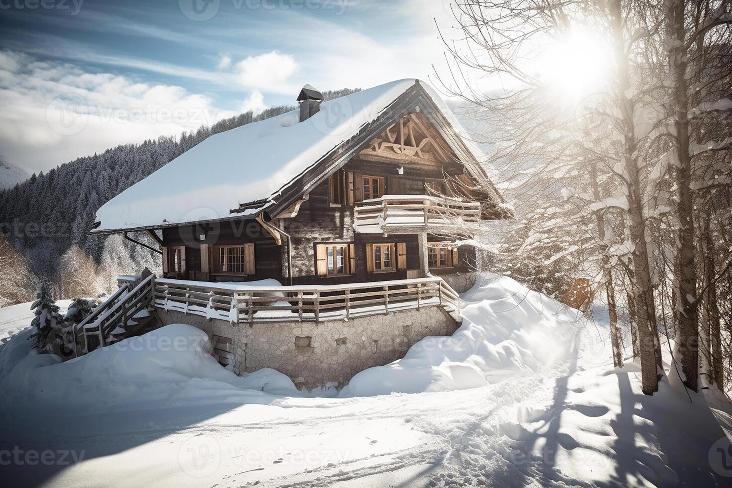 uma montanha luxo hotel, uma esqui hotel contra uma pano de fundo do coberto de neve montanhas. generativo ai foto