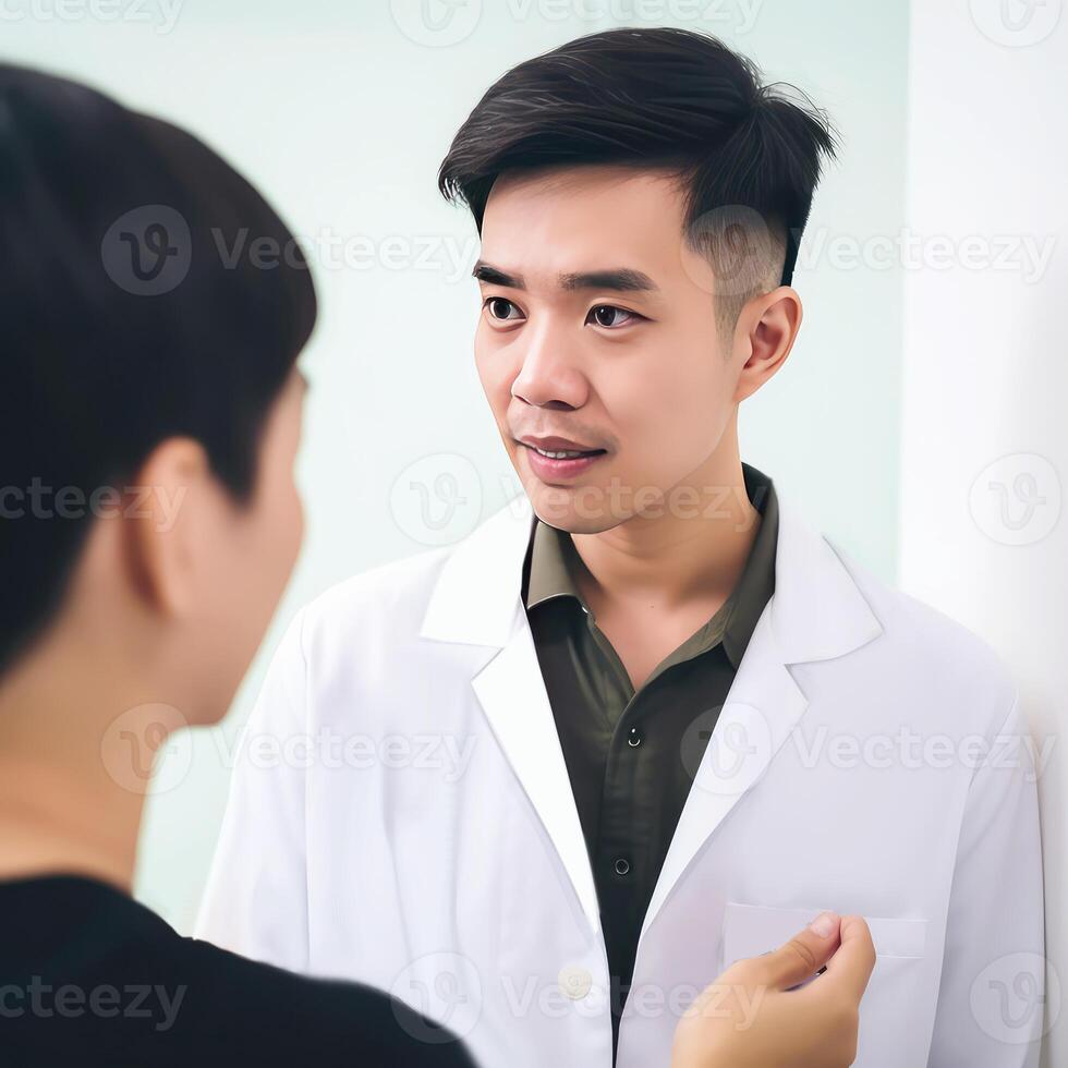 fechar-se retrato do ásia masculino médico falando com paciente ou colega, generativo ai. foto