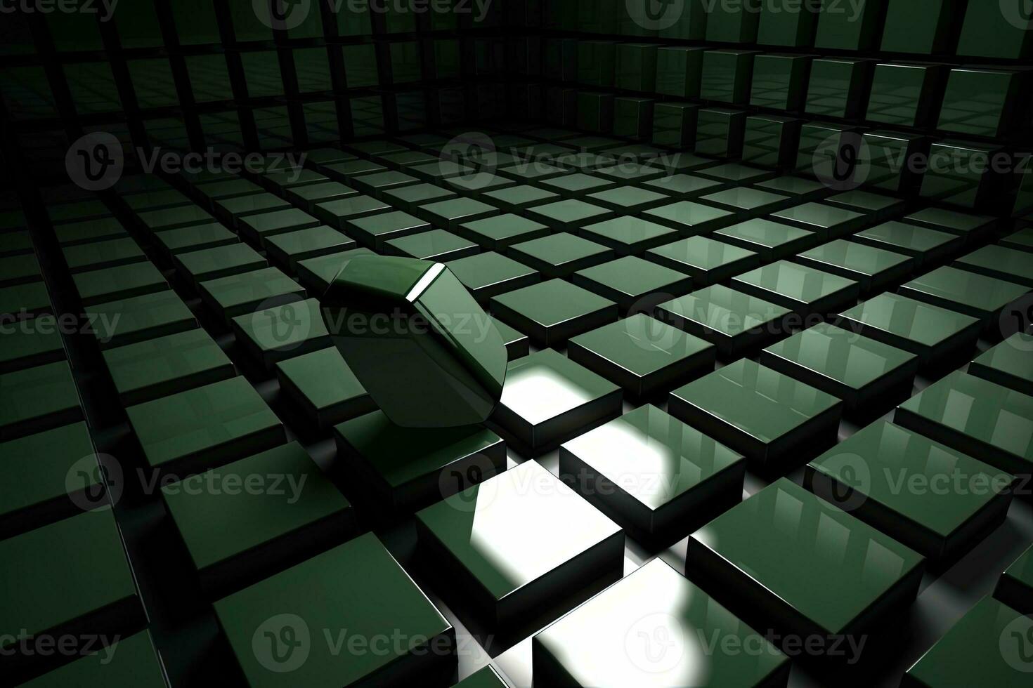 3d Sombrio verde abstrato cubo aleatória geometria interior quarto criada de generativo ai. foto