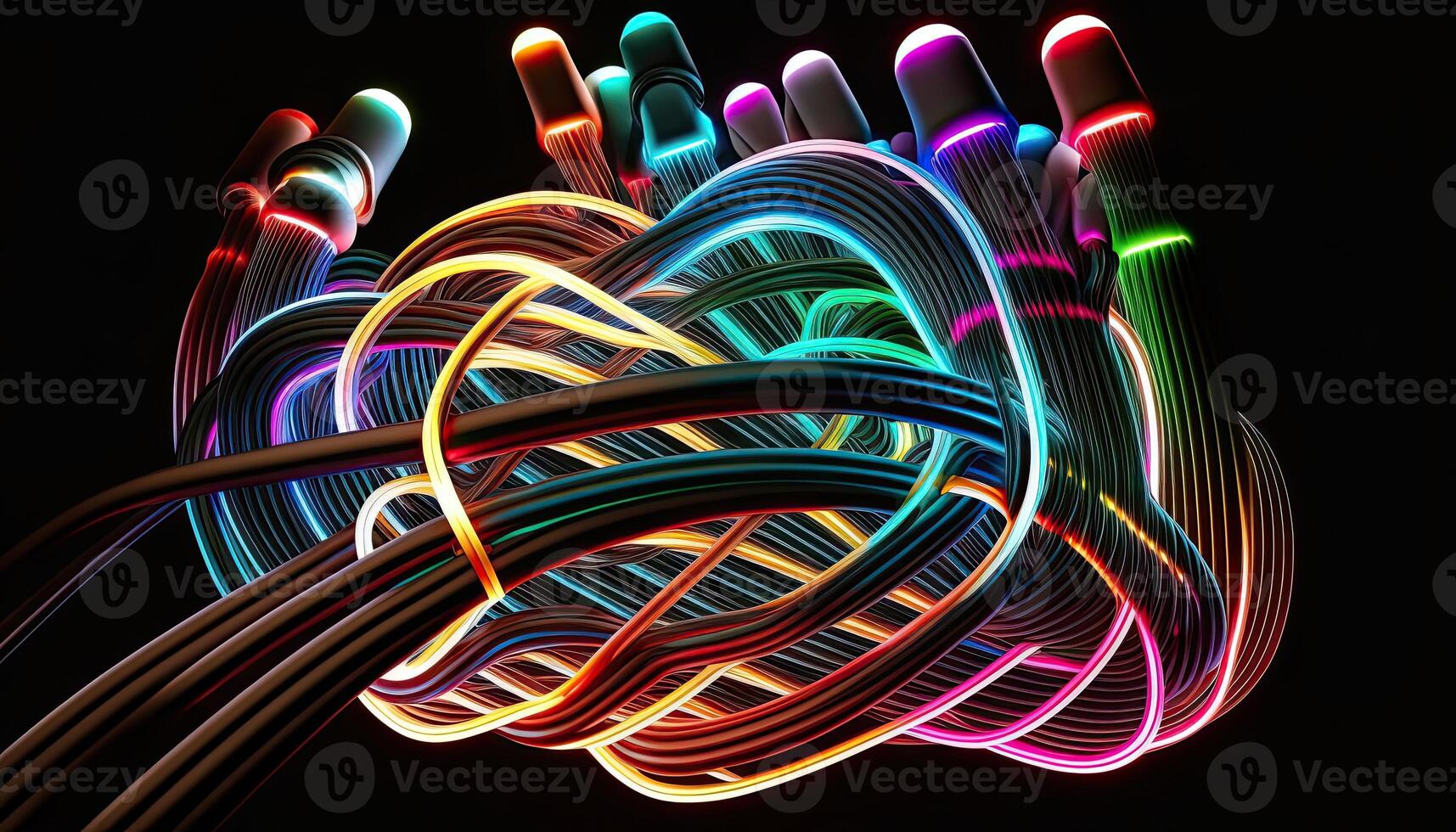 abstrato néon luzes fundo com multicolorido elétrico fios, generativo ai digital. foto