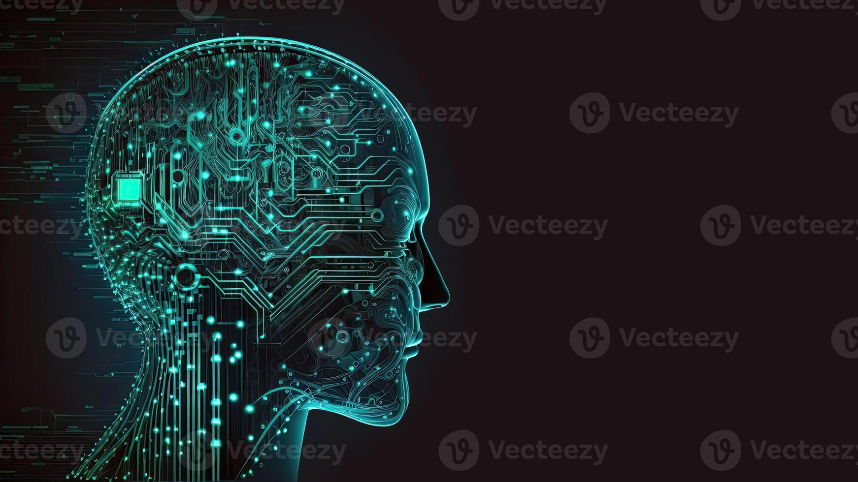 artificial inteligência dentro humanóide cabeça com neural rede, digital cérebro Aprendendo em processamento grande dados. face do cyber mente. generativo ai tecnologia. foto