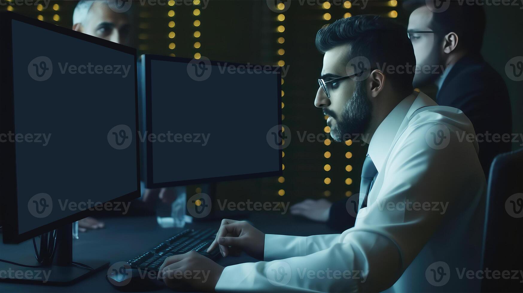 lado Visão do Senior empresários trabalhando colega de trabalho às escrivaninha com computador e teclado dentro Sombrio iluminação fundo. generativo ai ilustração. foto